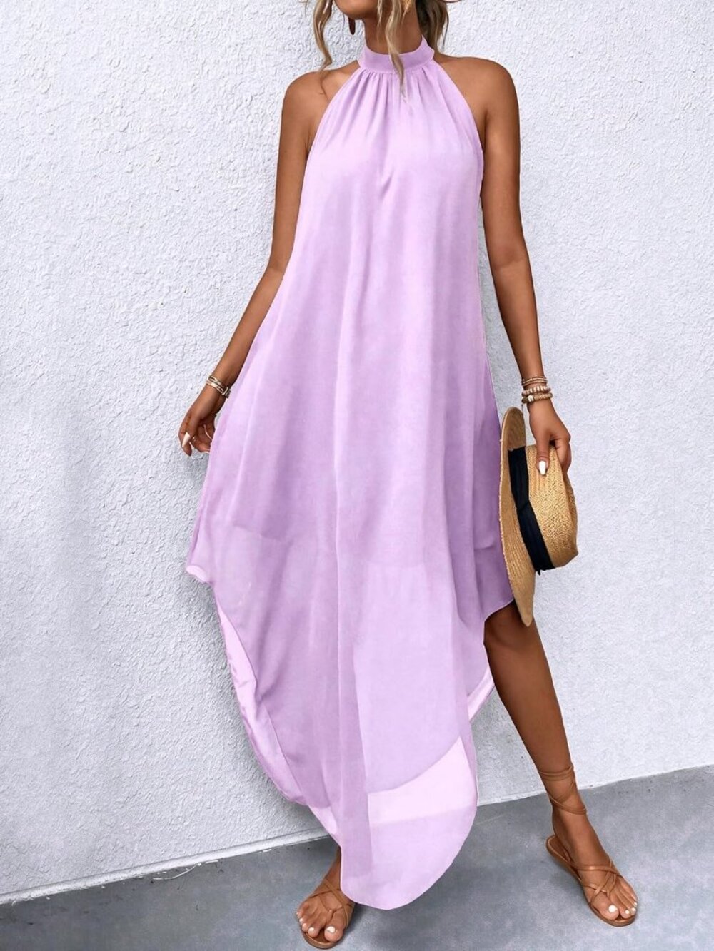 Women's Purple Flowy Chiffon Elegant Cocktail Halter Neckline Lightweight Maxi